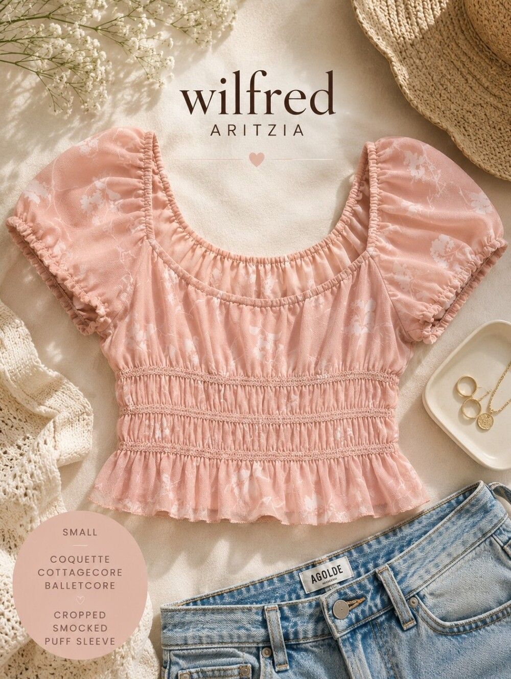 Wilfred Pink Floral Smocked Puff Sleeve Coquette Cottagecore Crop Top S